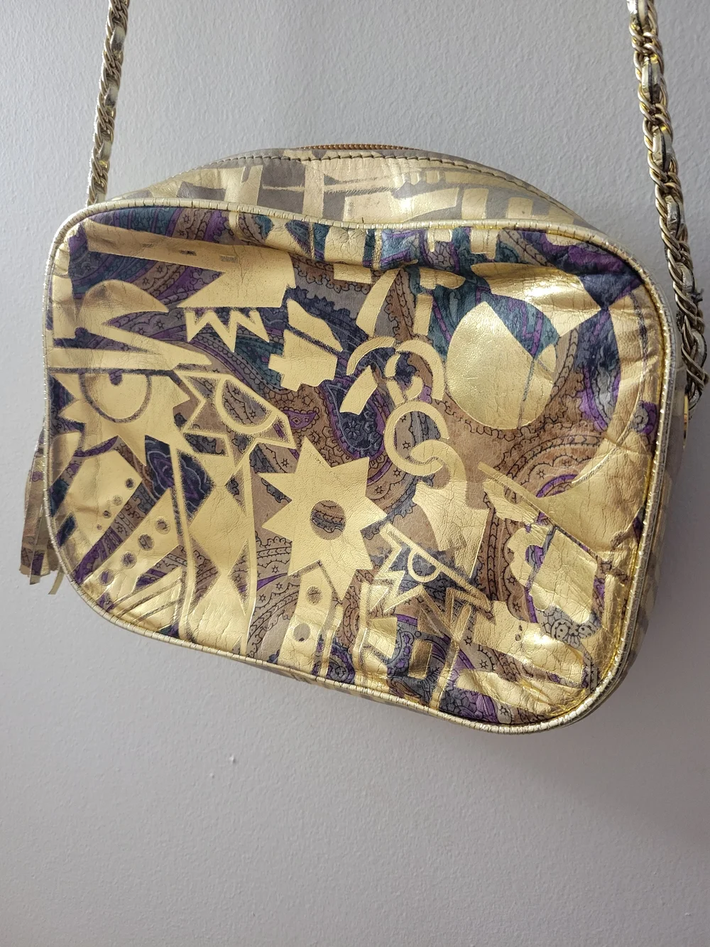 Vintage 90s Metallic Gold Patterned Crossbody Bag with Tassel - Picture 7 of 7